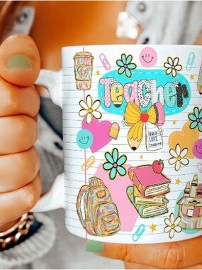 Teacher Colorful Mug – White with Pink, Yellow & Teal Accents